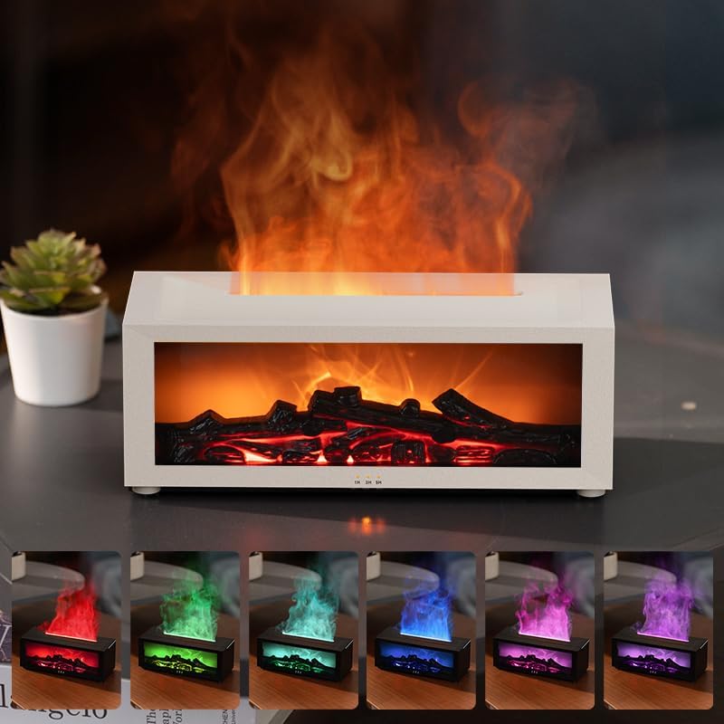 Essential Oil Diffuser Flame Colorful Water Vapor Fireplace Diffusers Fire Humidifier for Aromatherapy Aroma Therapy Machine (Black Fireplace (Long Version)