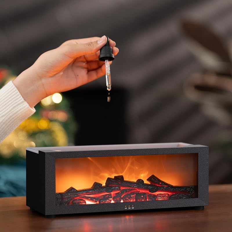 Essential Oil Diffuser Flame Colorful Water Vapor Fireplace Diffusers Fire Humidifier for Aromatherapy Aroma Therapy Machine (Black Fireplace (Long Version)