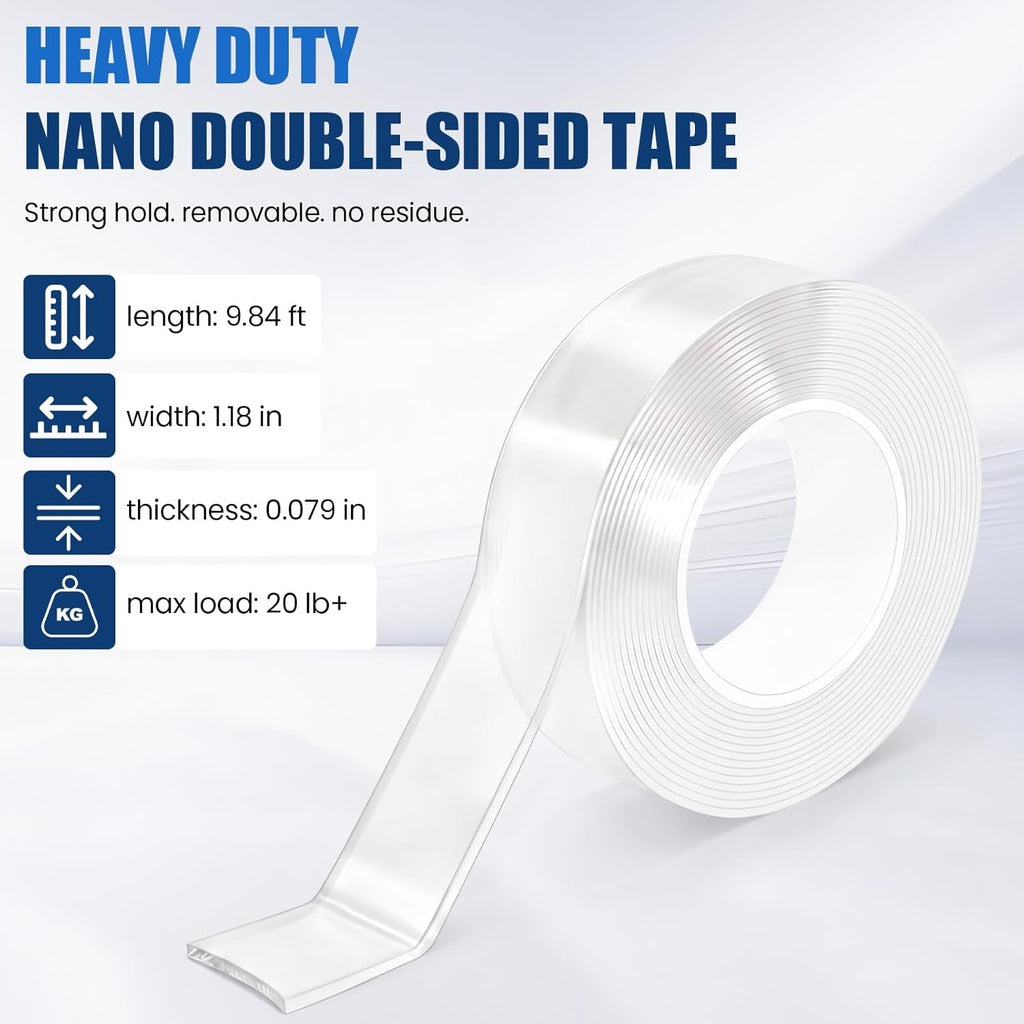 Nano Double Sided Tape Heavy Duty, 20LBS+ Strong Removable Double Sided Tape for Wall Without Damage, 9.84ft x 1.18in Waterproof Reusable Adhesive Tape for Home DIY Bathroom Office & Car