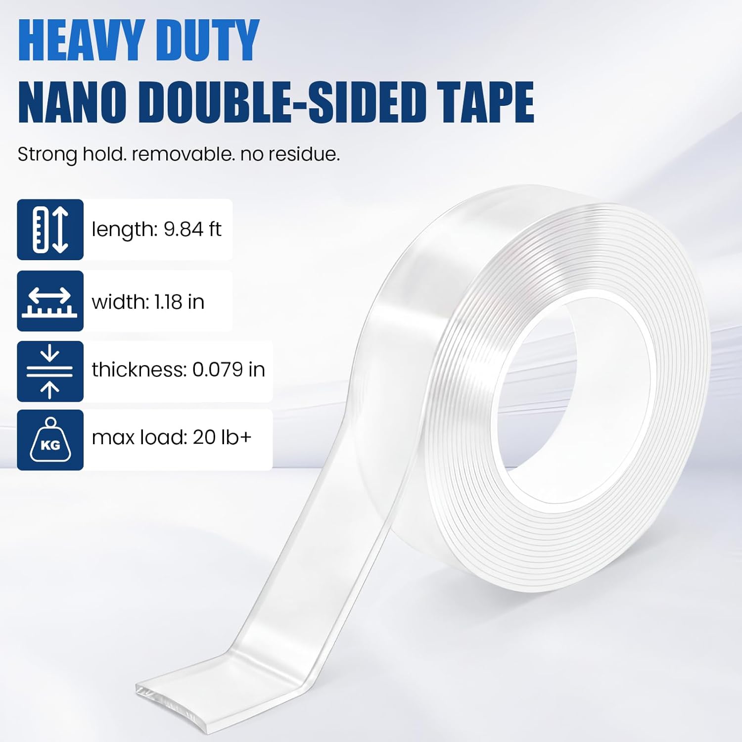 Nano Double Sided Tape Heavy Duty, 20LBS+ Strong Removable Double Sided Tape for Wall Without Damage, 9.84ft x 1.18in Waterproof Reusable Adhesive Tape for Home DIY Bathroom Office & Car