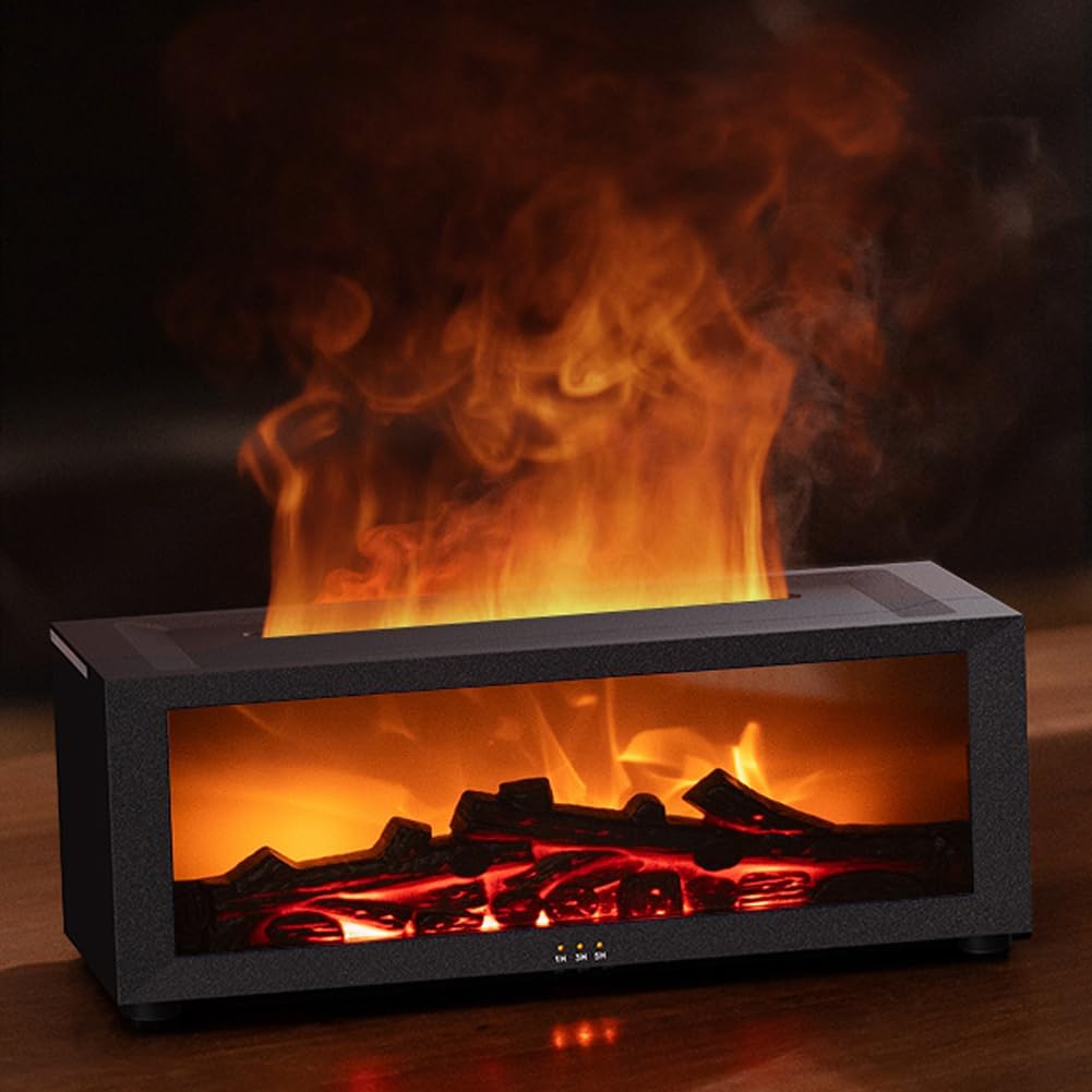 Essential Oil Diffuser Flame Colorful Water Vapor Fireplace Diffusers Fire Humidifier for Aromatherapy Aroma Therapy Machine (Black Fireplace (Long Version)