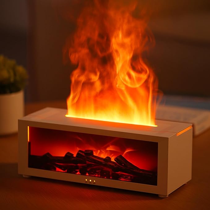 Essential Oil Diffuser Flame Colorful Water Vapor Fireplace Diffusers Fire Humidifier for Aromatherapy Aroma Therapy Machine (Black Fireplace (Long Version)