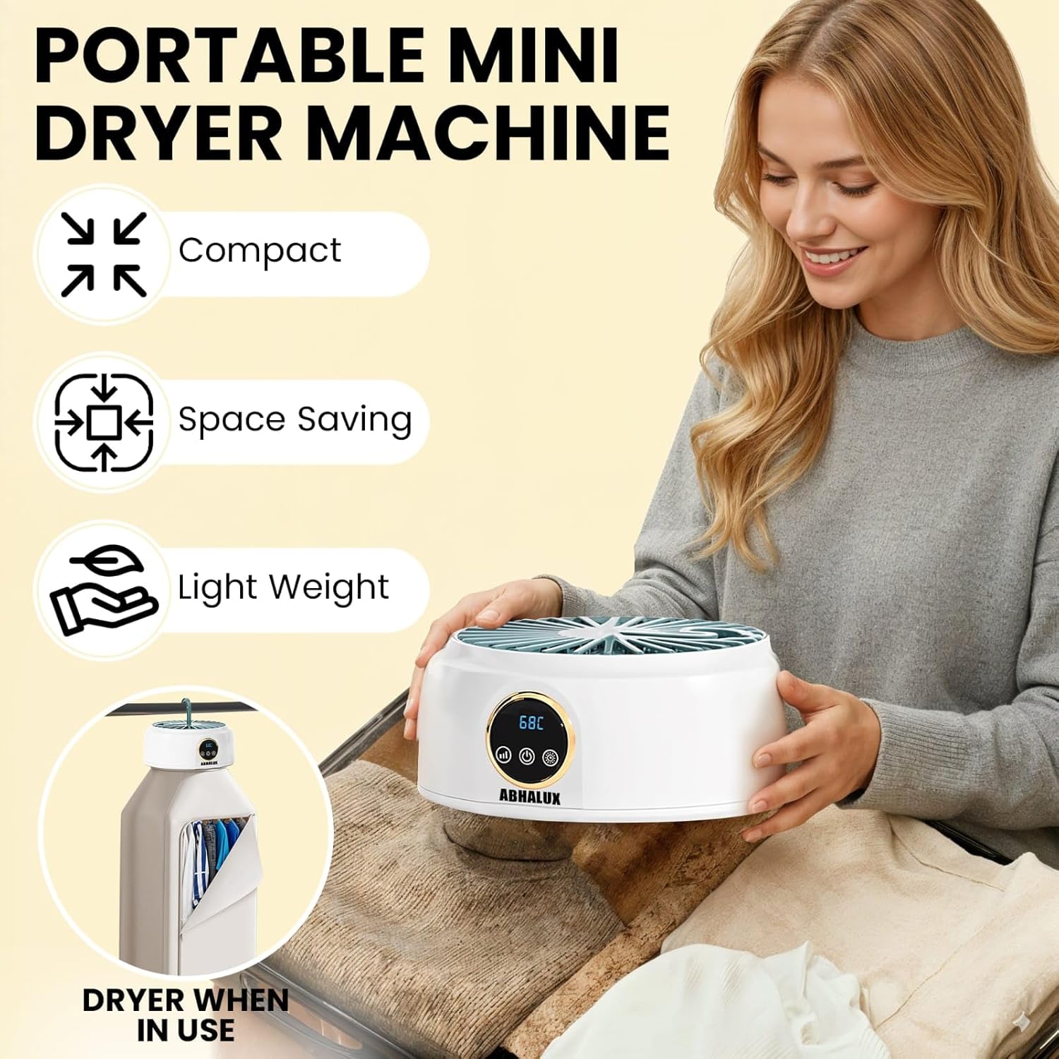 Portable Clothes Dryer, Fast Quiet Drying - Mini Electric Clothes & Laundry Dryer Machine for Apartment, Travel and RV, with Adjustable Timer, Energy Saving and Overheat Protection