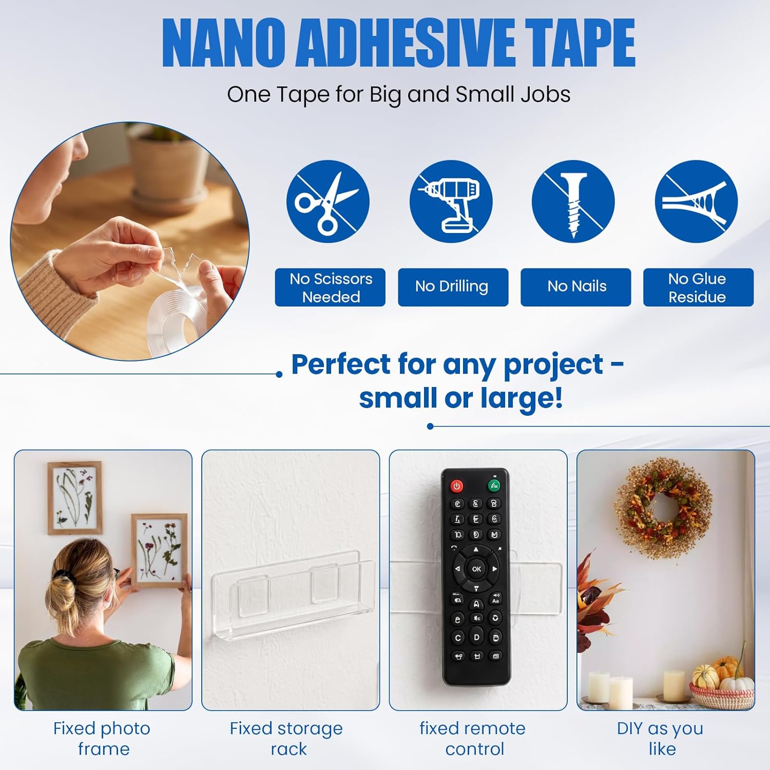 Nano Double Sided Tape Heavy Duty, 20LBS+ Strong Removable Double Sided Tape for Wall Without Damage, 9.84ft x 1.18in Waterproof Reusable Adhesive Tape for Home DIY Bathroom Office & Car