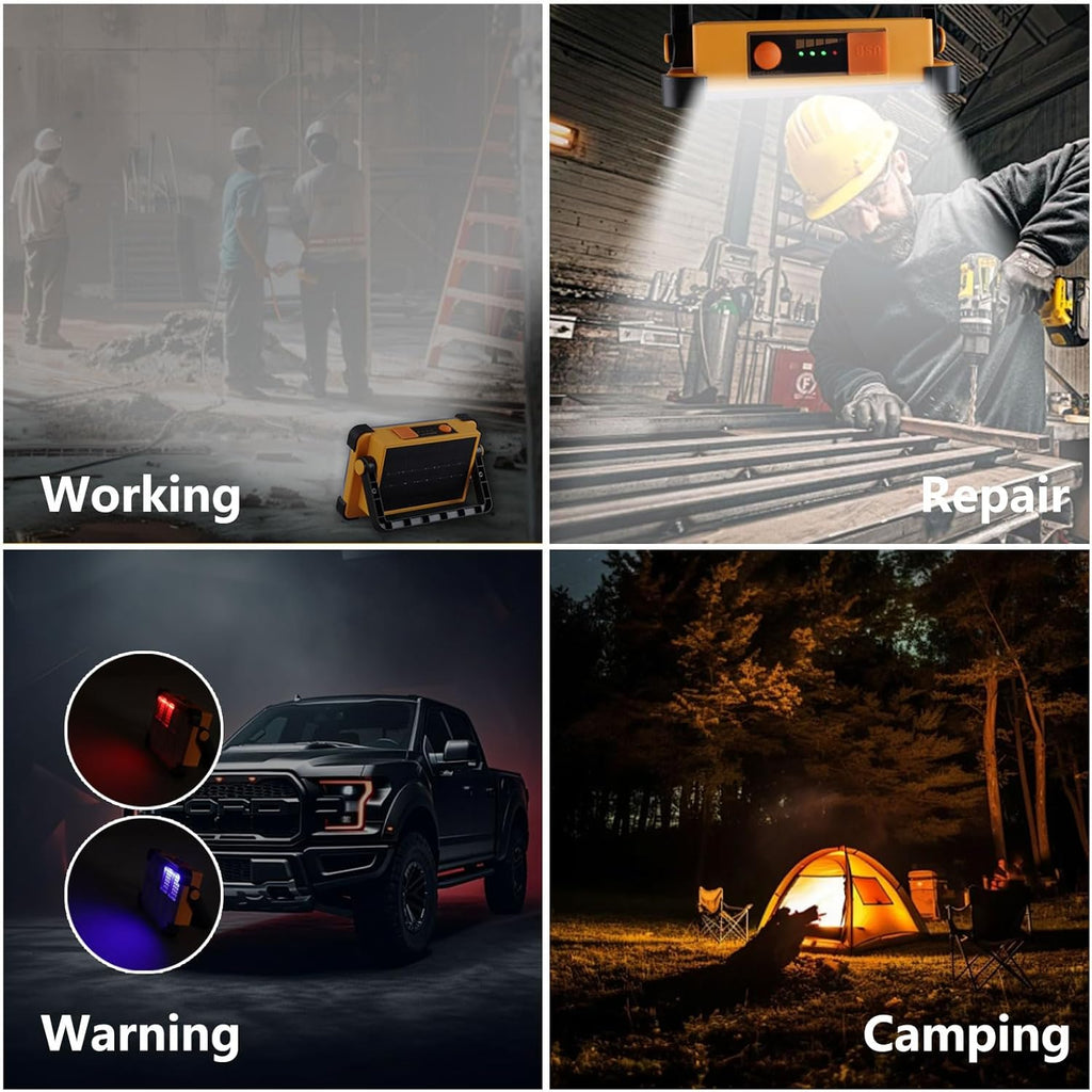 Portable Emergency Lighting, Rechargeable High-power Floodlight, Outdoor Tent Camping Handheld Lamp, Solar Camping Lamp, IP66 Waterproof 4 Modes LED Job Site Lighting Flashlights for Mechanic Camping Fishing Car Repair