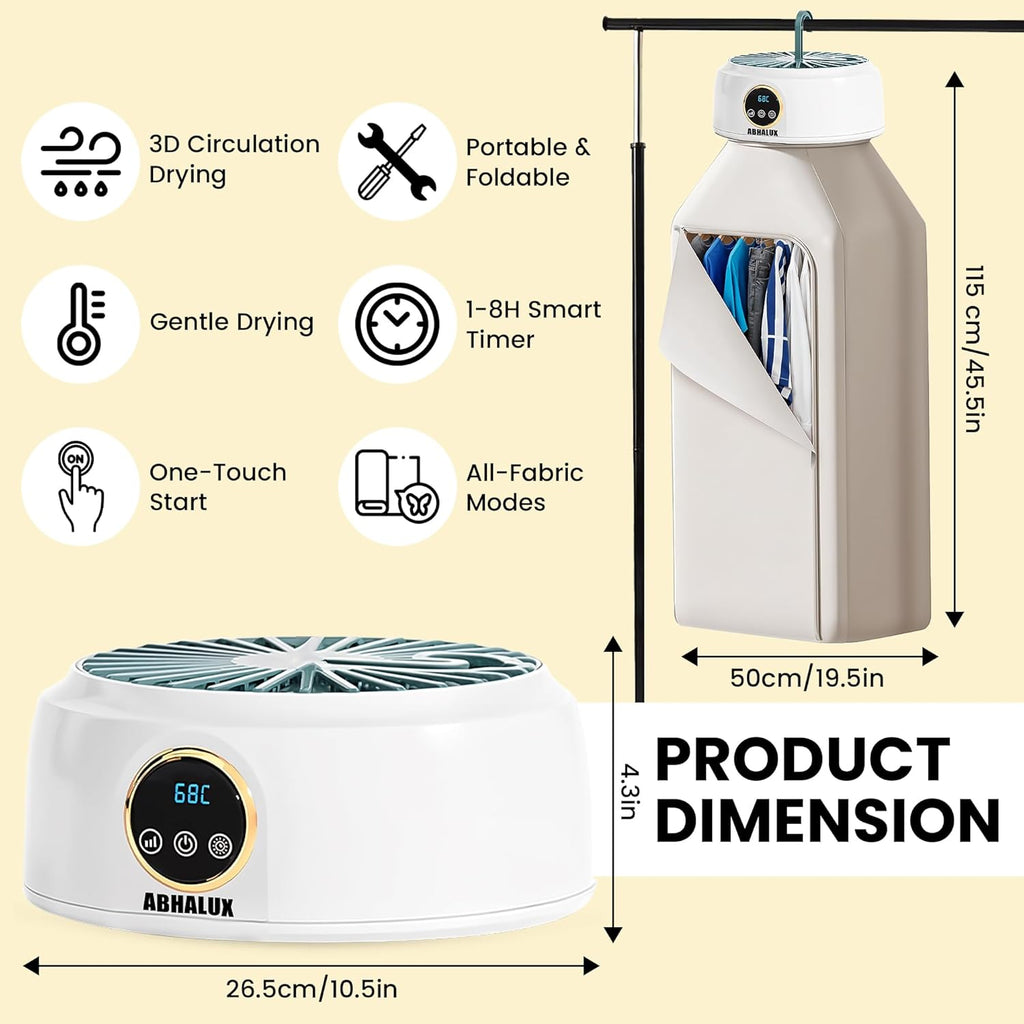Portable Clothes Dryer, Fast Quiet Drying - Mini Electric Clothes & Laundry Dryer Machine for Apartment, Travel and RV, with Adjustable Timer, Energy Saving and Overheat Protection