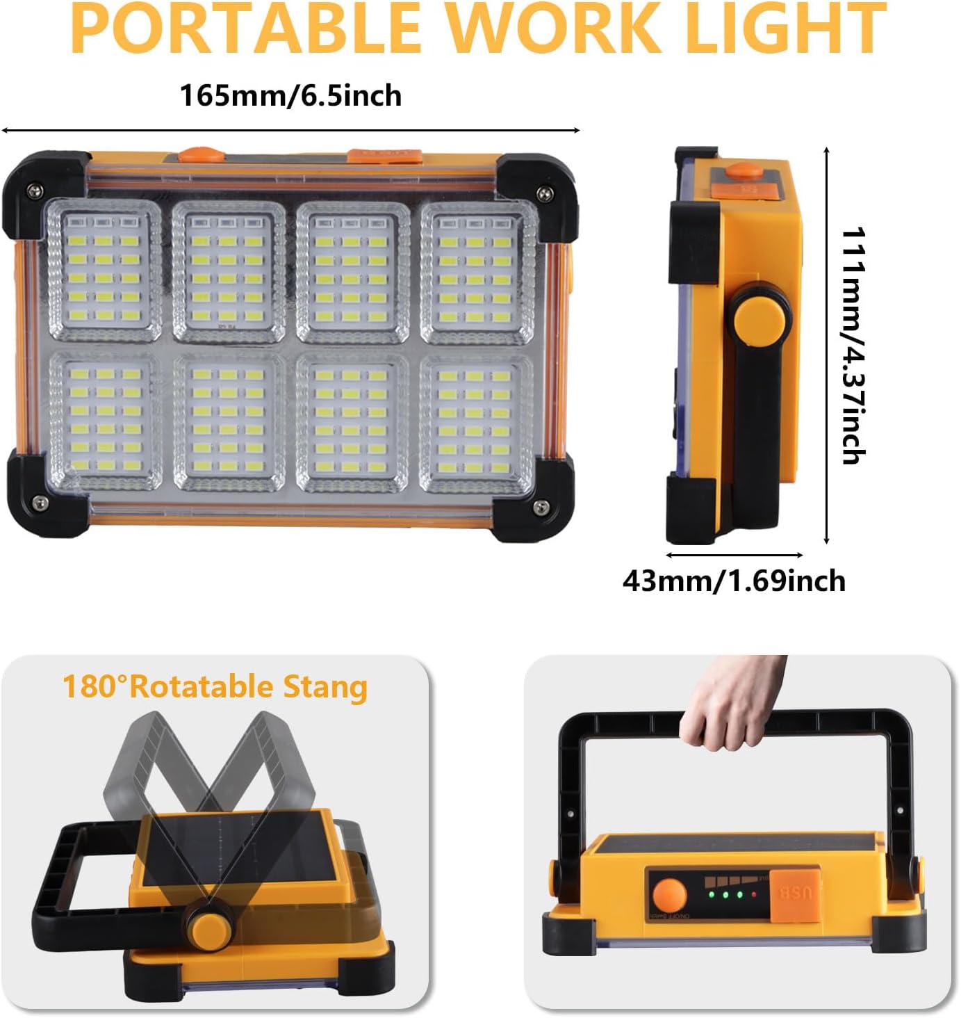 Portable Emergency Lighting, Rechargeable High-power Floodlight, Outdoor Tent Camping Handheld Lamp, Solar Camping Lamp, IP66 Waterproof 4 Modes LED Job Site Lighting Flashlights for Mechanic Camping Fishing Car Repair
