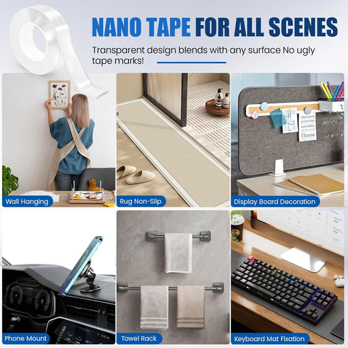 Nano Double Sided Tape Heavy Duty, 20LBS+ Strong Removable Double Sided Tape for Wall Without Damage, 9.84ft x 1.18in Waterproof Reusable Adhesive Tape for Home DIY Bathroom Office & Car