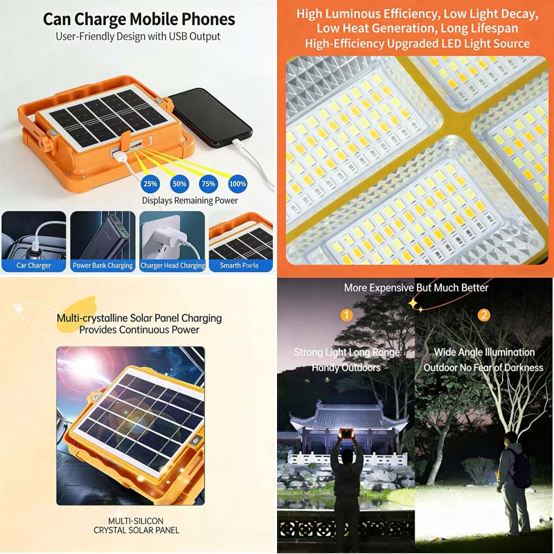 Portable Emergency Lighting, Rechargeable High-power Floodlight, Outdoor Tent Camping Handheld Lamp, Solar Camping Lamp, IP66 Waterproof 4 Modes LED Job Site Lighting Flashlights for Mechanic Camping Fishing Car Repair